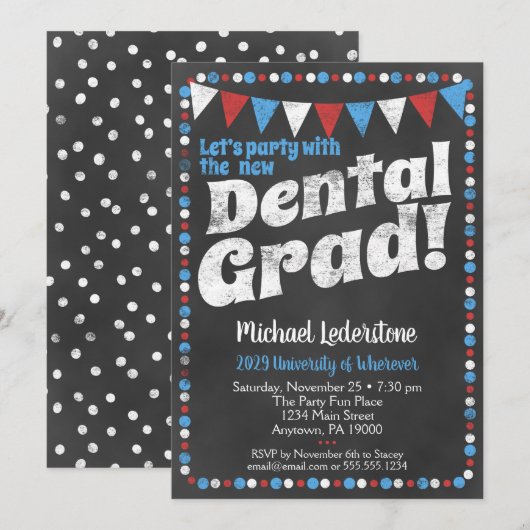 Dental Graduation Party Invitation Red Blue Kaart (Voorkant / Achterkant)