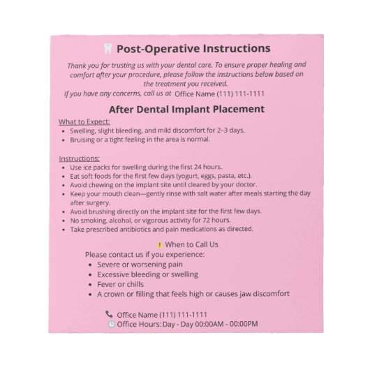 Dental Post Op Instructions Notepad (Implant) Notitieblok (Voorkant)