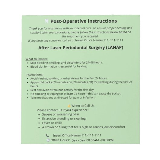 Dental Post Op Instructions Notepad (LANAP) Notitieblok (Voorkant)