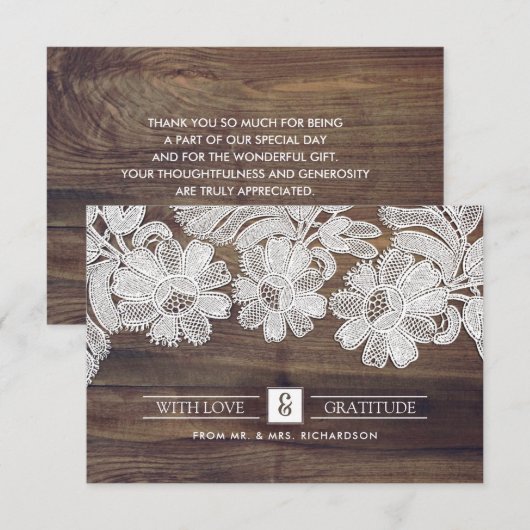 Dentelle blanche | Barn Wood Mariage Merci Cartes (Devant / Derrière)