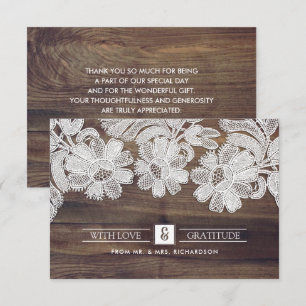 Dentelle blanche Barn Wood Mariage Merci Cartes