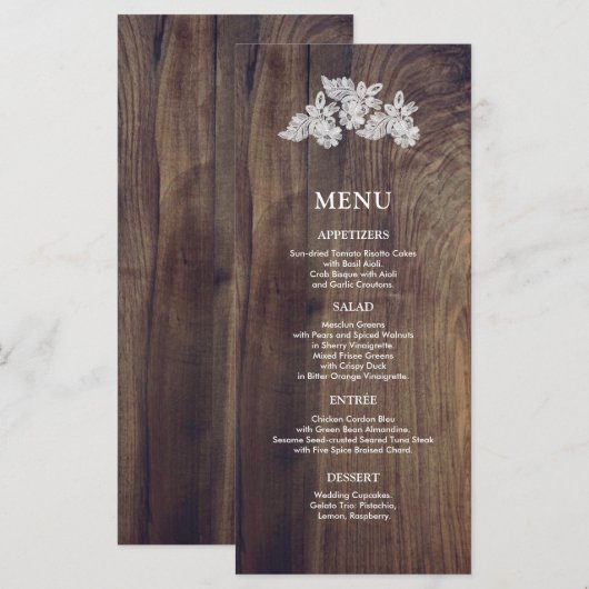 Dentelle Blanche | Carte de Menu de Mariage en Boi (Devant / Derrière)