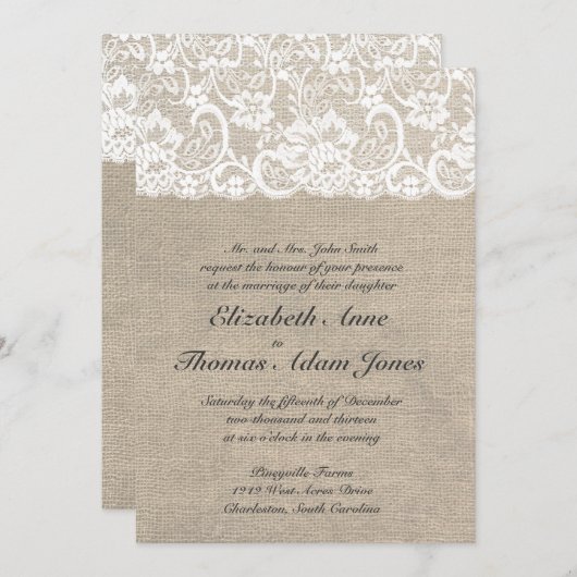 Dentelle blanche et Faire-part de mariage Burlap (Devant / Derrière)