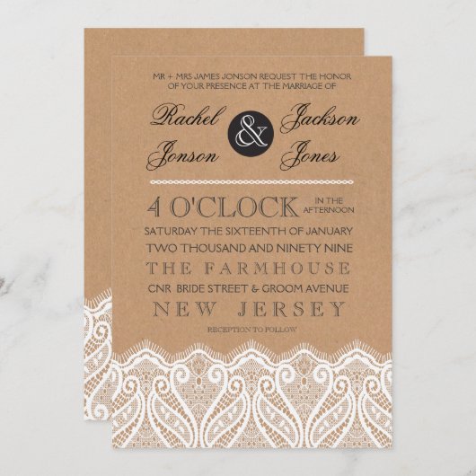 Dentelle blanche rustique et Faire-part de mariage (Devant / Derrière)