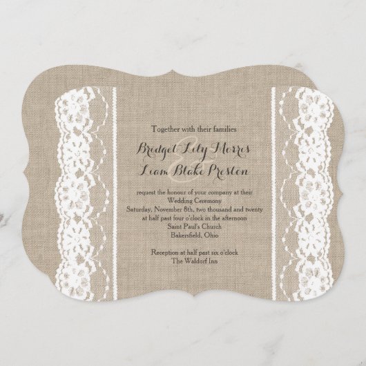 Dentelle blanche sur Burlap Faire-part de mariage (Devant / Derrière)