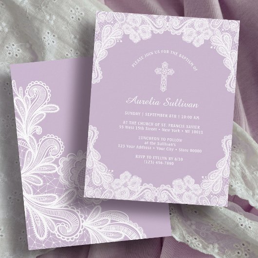 Dentelle blanche sur Lilac Baptême Invitation