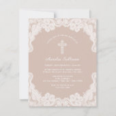 Dentelle blanche sur Pale Brown Baptême Invitation (Devant)