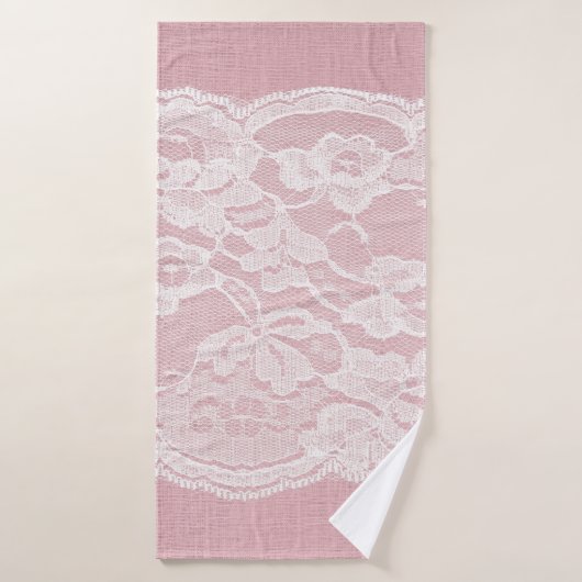 Dentelle blanche sur Pastel Lin rose Texture (Serviette de bain)