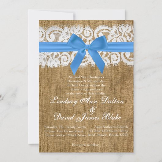 Dentelle Bleu Burlap 5x7 Faire-part de mariage (Devant)