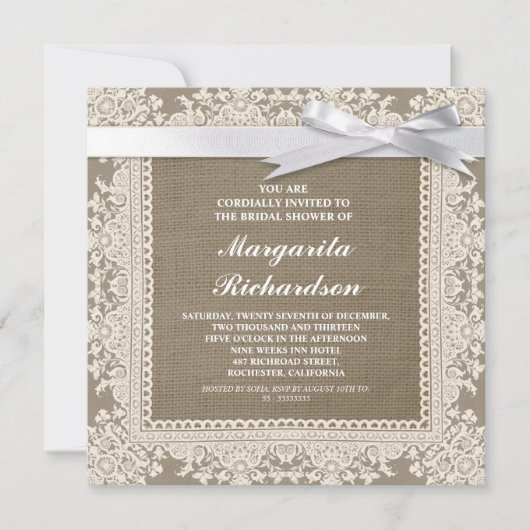 dentelle burlap et ruban blanc invitations de douc (Devant)