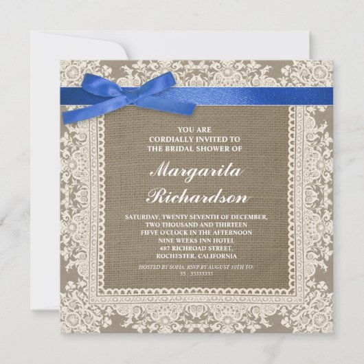 dentelle burlap et ruban bleu invitations de douch (Devant)