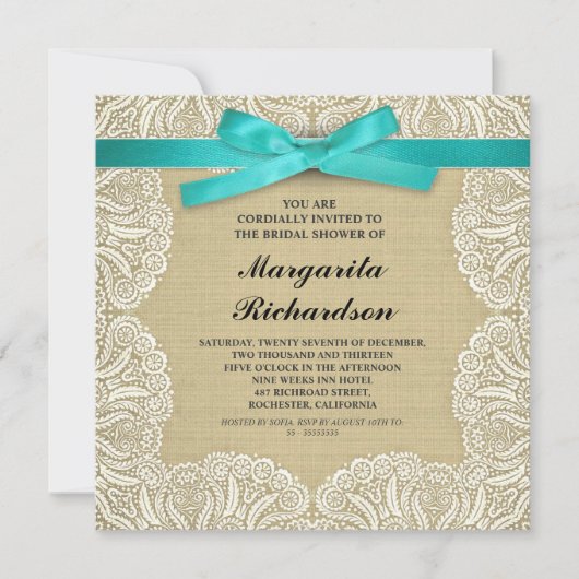 dentelle burlap et ruban cyan invitations de douch (Devant)