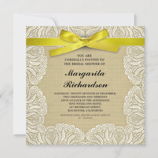 dentelle burlap et ruban jaune invitations de douc (Devant)