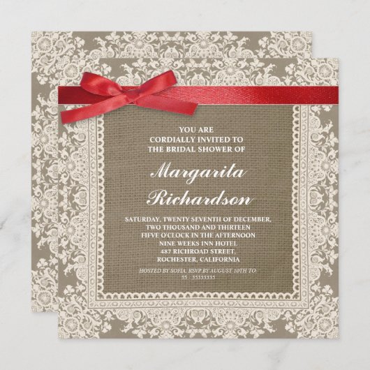 dentelle burlap et ruban rouge invitations de douc (Devant / Derrière)