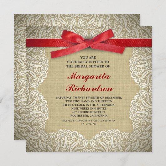 dentelle burlap et ruban rouge invitations de douc (Devant / Derrière)