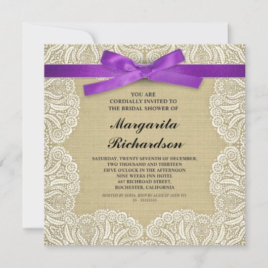 dentelle burlap & ruban violet invitations de douc (Devant)