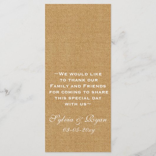 Dentelle de burlap FAUX, cartes de menu mariage ru (Dos)