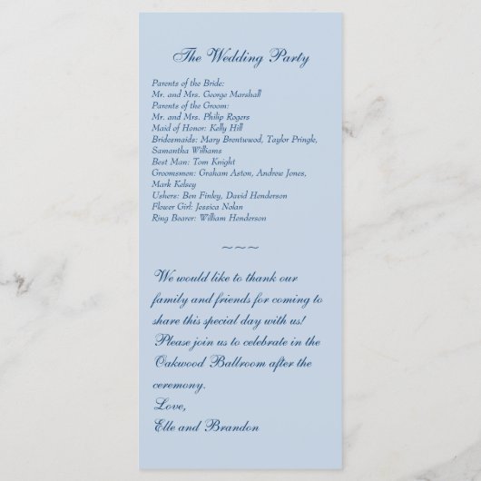 Dentelle d'hiver sur le programme de mariage bleu  (Dos)