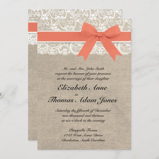 Dentelle d'ivoire Faire-part de mariage de Burlap (Devant / Derrière)