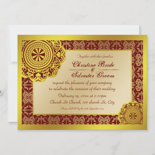 Dentelle d'or arabesque, invitation de mariage 5,5 (Devant)