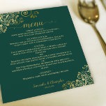 Dentelle d'or sur Emerald Green Budget Menu Mariag<br><div class="desc">Ces beaux menus mariages sont simples,  élégants et élégants tout en étant abordables et abordables. Elles présentent un design élégant et séduisant avec de la dentelle dorée en faux feuille et de la calligraphie sur un arrière - plan vert émeraude. Le dos est une belle couleur dorée marbrée.</div>