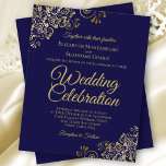 Dentelle d'or sur le Faire-part de mariage BUDGET<br><div class="desc">Ces invitations de mariage abordables et abordables sont le choix parfait pour la classe, le style et la beauté sur un budget. Le design est composé d'un arrière - plan bleu marine avec des boucles dorées ornées et des tourbillons dans les coins. La typographie comprend des lettres de script sophistiquées...</div>
