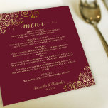 Dentelle d'or sur Maroon Bourgogne Menu Mariage Bu<br><div class="desc">Ces beaux menus mariages sont simples, élégants et élégants tout en étant abordables et abordables. Elles présentent un design élégant et séduisant avec de la dentelle en faux feuille doré et de la calligraphie sur un marron ou un arrière - plan rouge bordeaux. Le dos est une belle couleur dorée...</div>