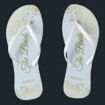 Dentelle d'or sur Poudre Bleu La mariée Mariage él<br><div class="desc">Dansez la nuit avec ces belles tongs mariages. Conçus pour la mariée, ils présentent un design simple mais élégant avec des scripts de couleur or en lettrage sur un arrière - plan bleu poudre clair et des boucles et tourbillons en dentelle dorée fantaisie. Belle façon de rester chic et approprié...</div>