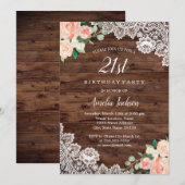 Dentelle en bois rustique floral Invitation 21e an (Devant / Derrière)