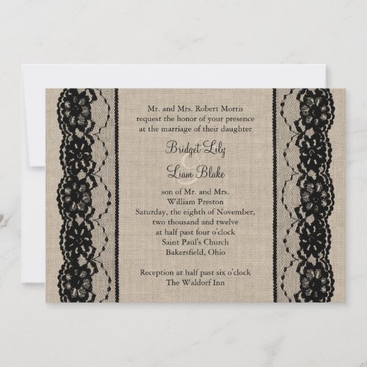 Dentelle en noir sur Faire-part de mariage Burlap (Devant)