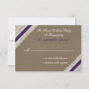 Dentelle et burlap FAUX avec rsvp violet 3,5 x 5