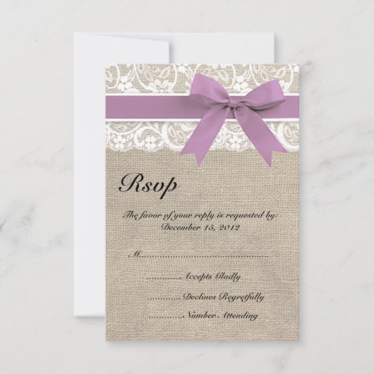 Dentelle et Burlap Look Olive RSVP Card Purple (Devant)