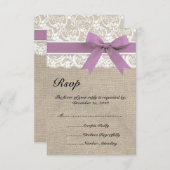 Dentelle et Burlap Look Olive RSVP Card Purple (Devant / Derrière)