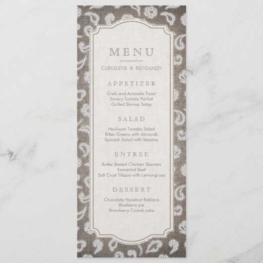 Dentelle et burlap menu mariage campagnard rustiqu (Devant)