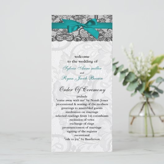 Dentelle et ruban aqua, programmes de mariage noir (Debout devant)
