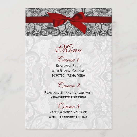 Dentelle et ruban rouge, noir mariage Menu (Devant)