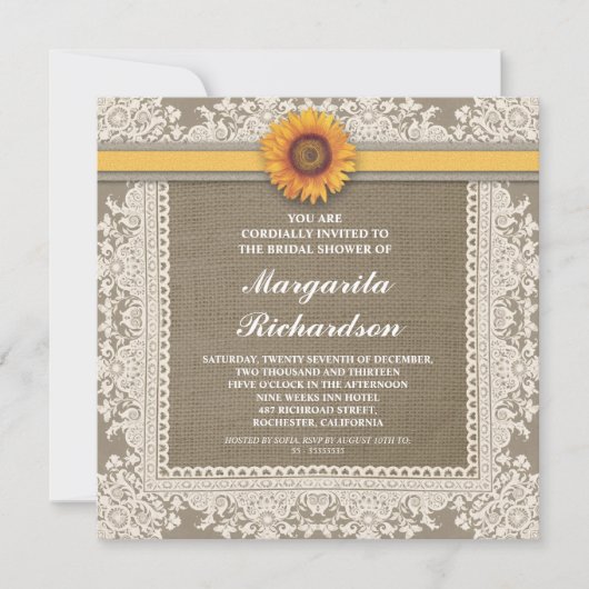 dentelle et tournesol nuptiale invitations à la do (Devant)