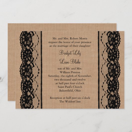 Dentelle noire et Faire-part de mariage Burlap (Devant / Derrière)