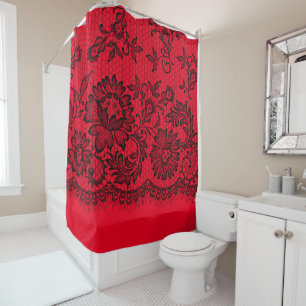 Dentelle noire sur rideau de douche rouge