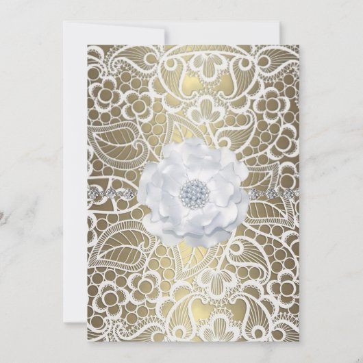 Dentelle or et blanc élégante invitation de mariag (Devant)