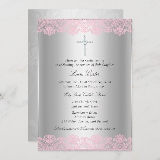 Dentelle rose & Baptême croisé / Invitation Christ (Devant / Derrière)