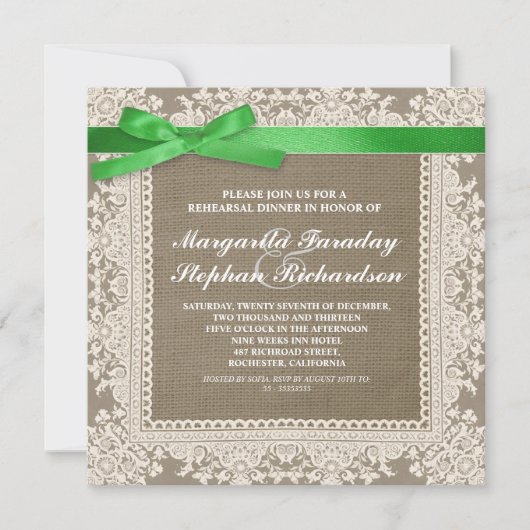 dentelle ruban & burlap répétition invitations dîn (Devant)