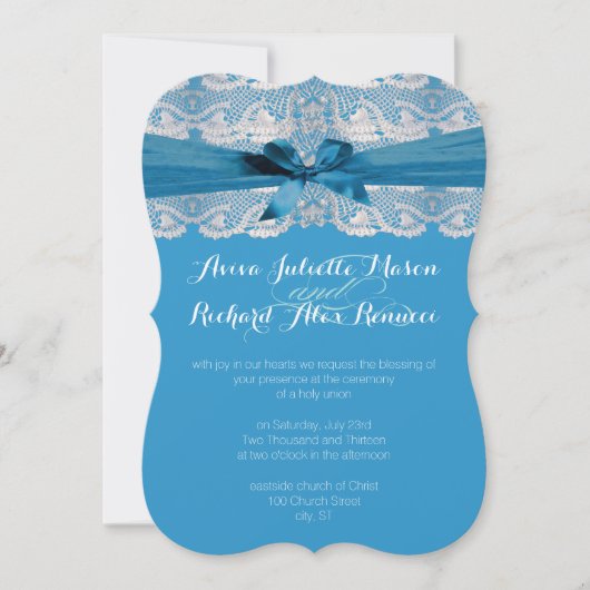 Dentelle Rustique Bleue Mariage Invitations (Devant)