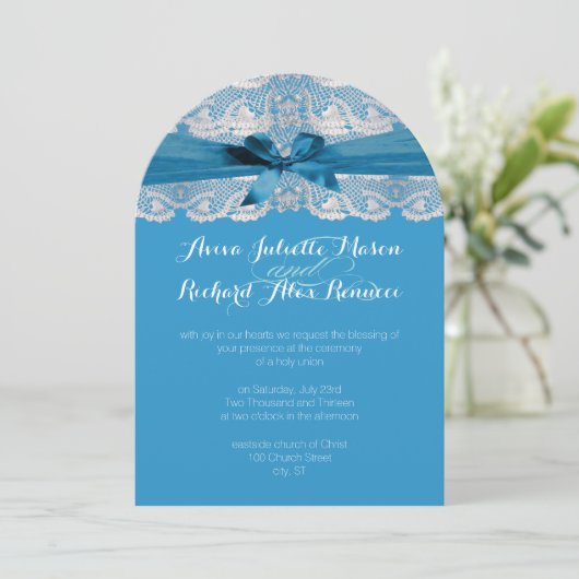 Dentelle Rustique Bleue Mariage Invitations (Debout devant)