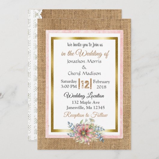 Dentelle rustique et Faire-part de mariage Burlap (Devant / Derrière)