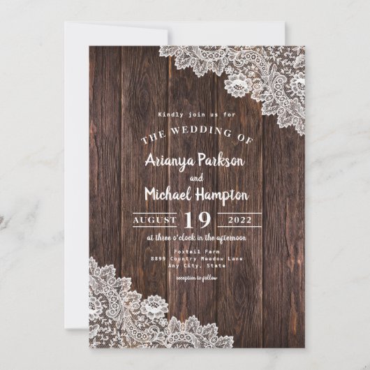 Dentelle rustique et Faire-part de mariage en bois (Devant)