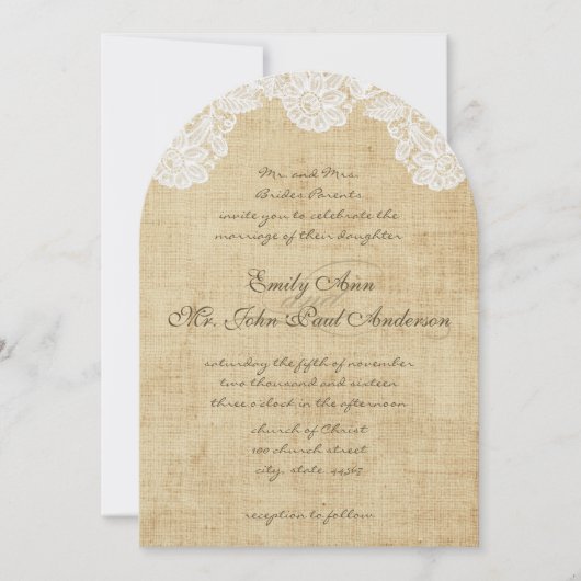 Dentelle rustique et invitation de mariage Burlap (Devant)
