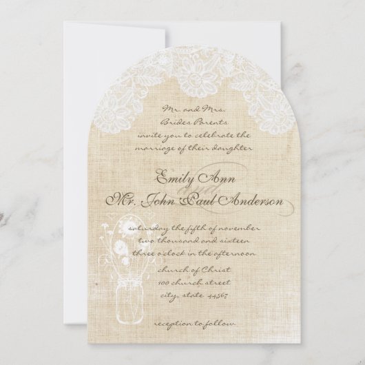 Dentelle rustique et invitation de mariage Burlap (Devant)