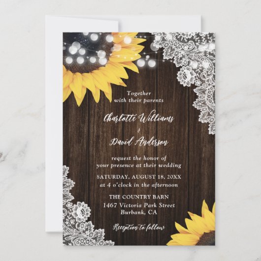 Dentelle rustique Tournesol Invitations de mariage (Devant)