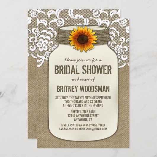 Dentelle Tournesol Mason Jar Invitations de douche (Devant / Derrière)